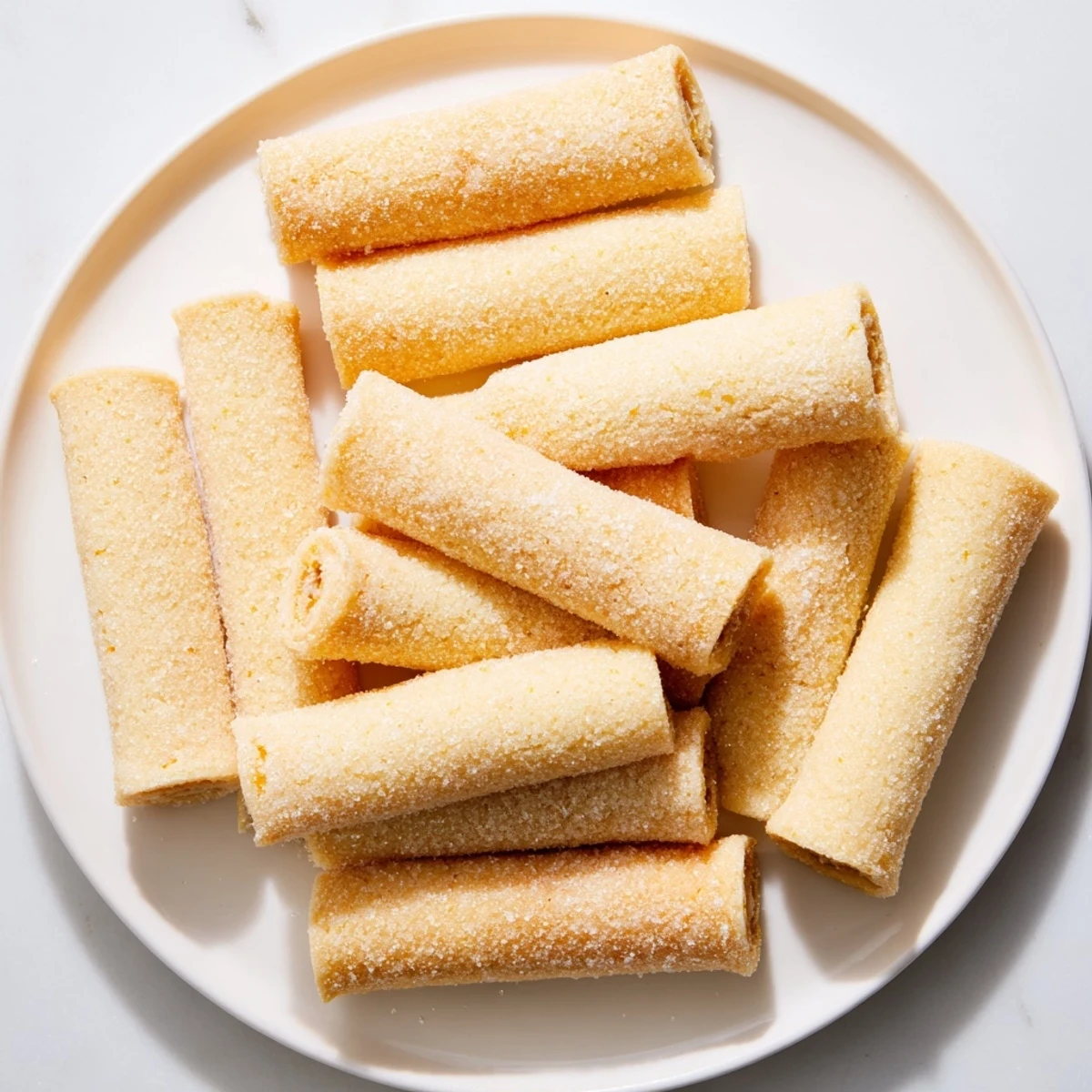 Golden vegan vanilla orange blossom sugar cookies with sparkling sugar coating on a white baking sheet