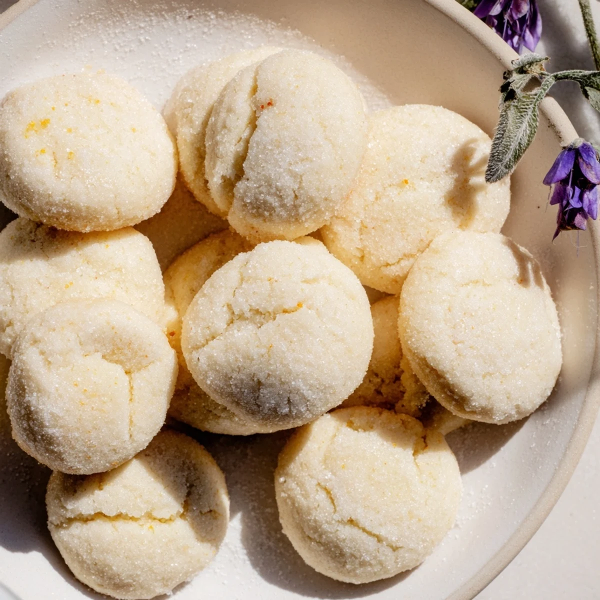 Freshly baked vegan vanilla orange blossom sugar cookies with lightly golden edges cooling on a wire rack