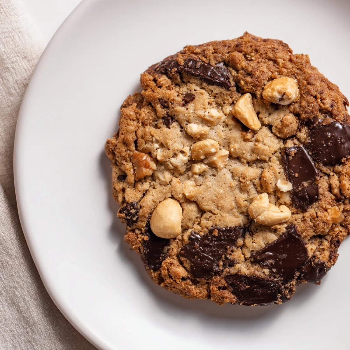 Plate of chewy gluten-free dark chocolate cashew crisp cookies scattered with roasted cashew pieces