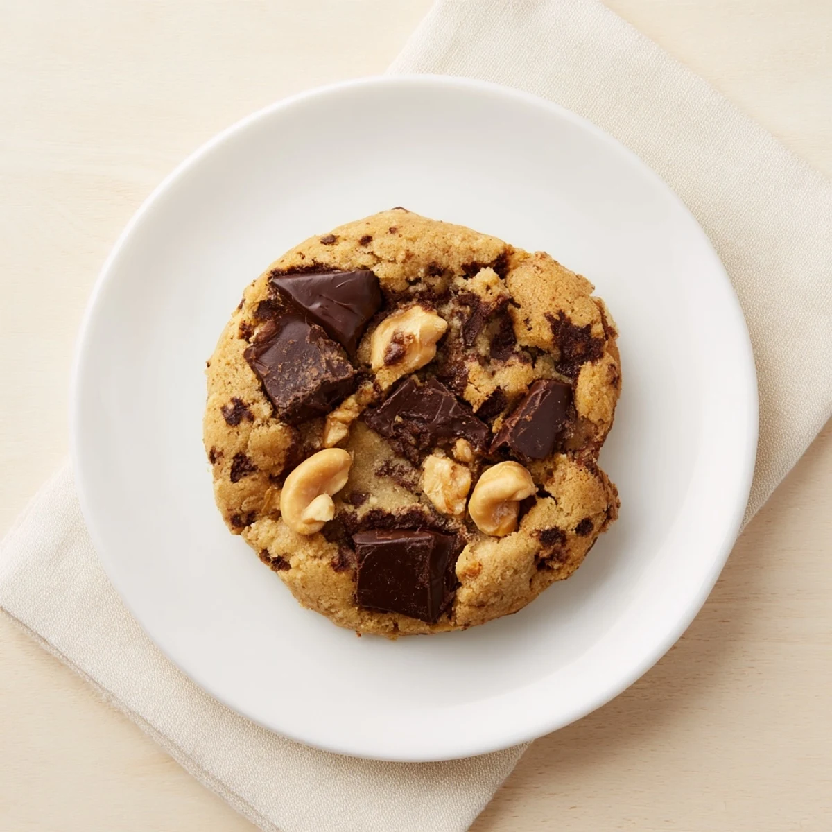 Stack of warm gluten-free dark chocolate cashew crisp cookies on a white serving platter