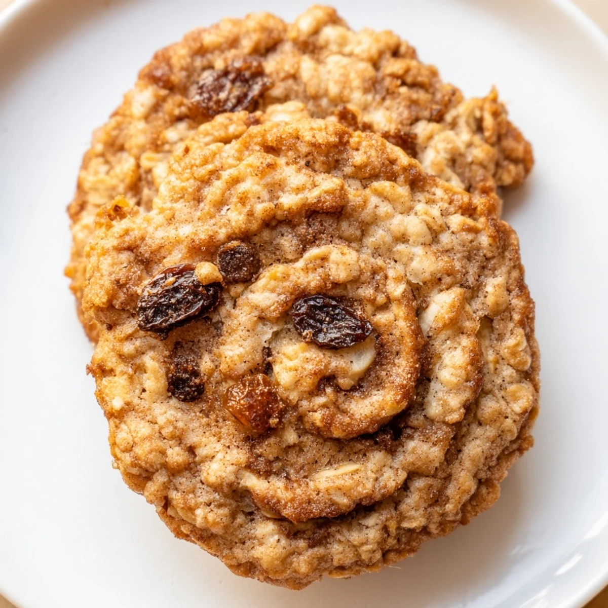 Golden apple cinnamon swirl oatmeal raisin cookies stacked on a cooling rack with visible cinnamon ribbons and diced apple pieces