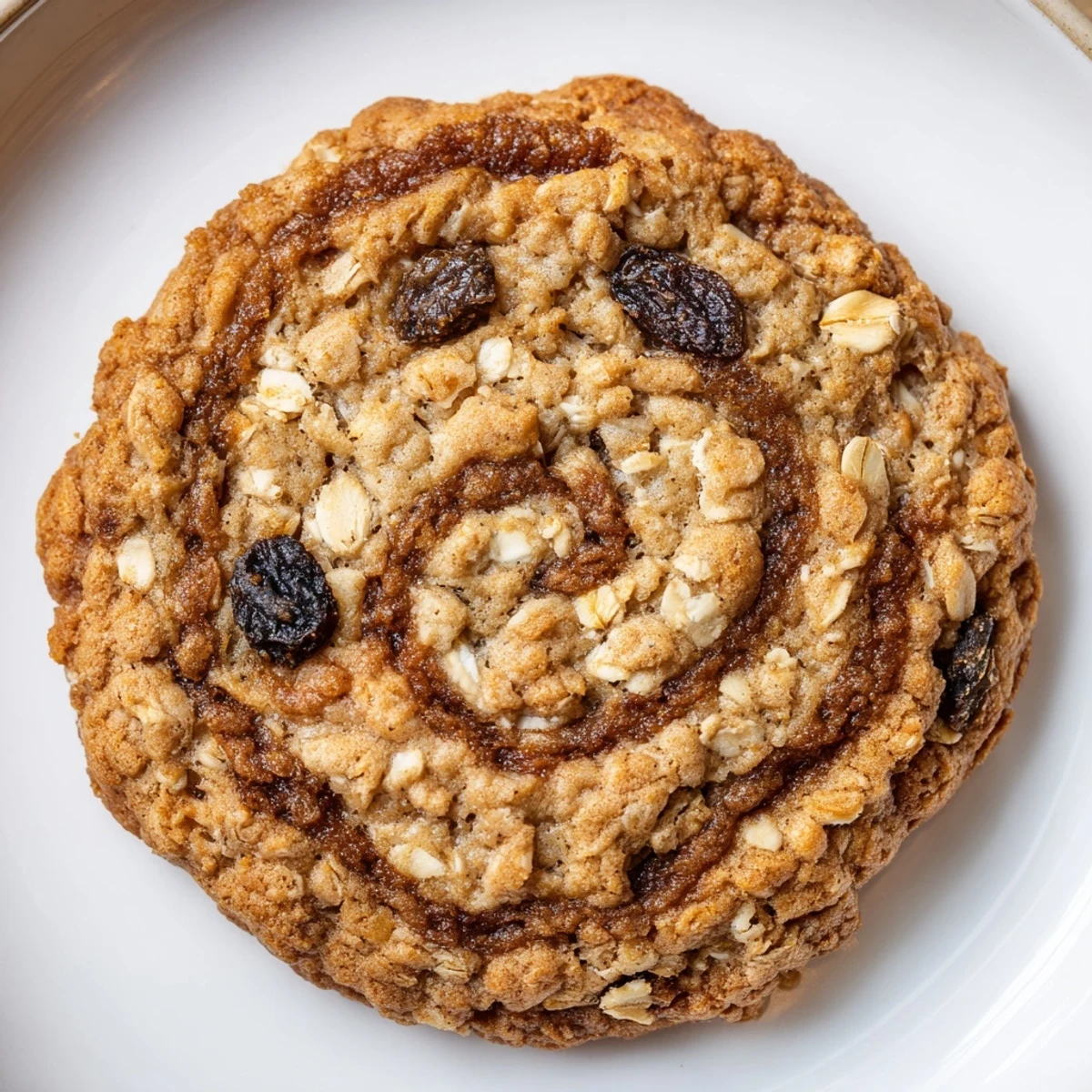 Chewy oatmeal raisin cookies featuring sweet apple chunks and swirled cinnamon sugar topping on a rustic wooden board