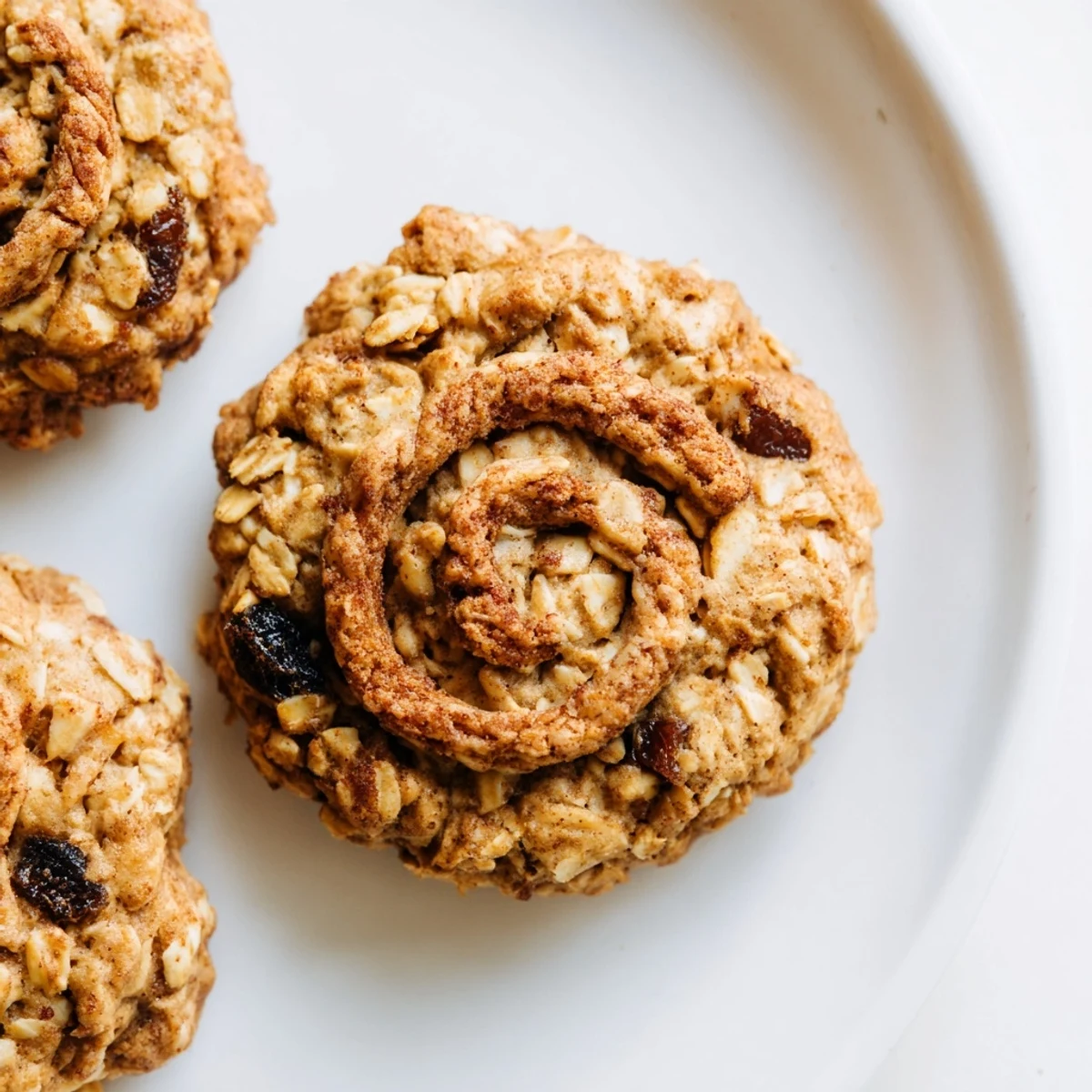 Freshly baked apple cinnamon oatmeal cookies with juicy raisins and walnut pieces cooling on parchment lined baking sheet