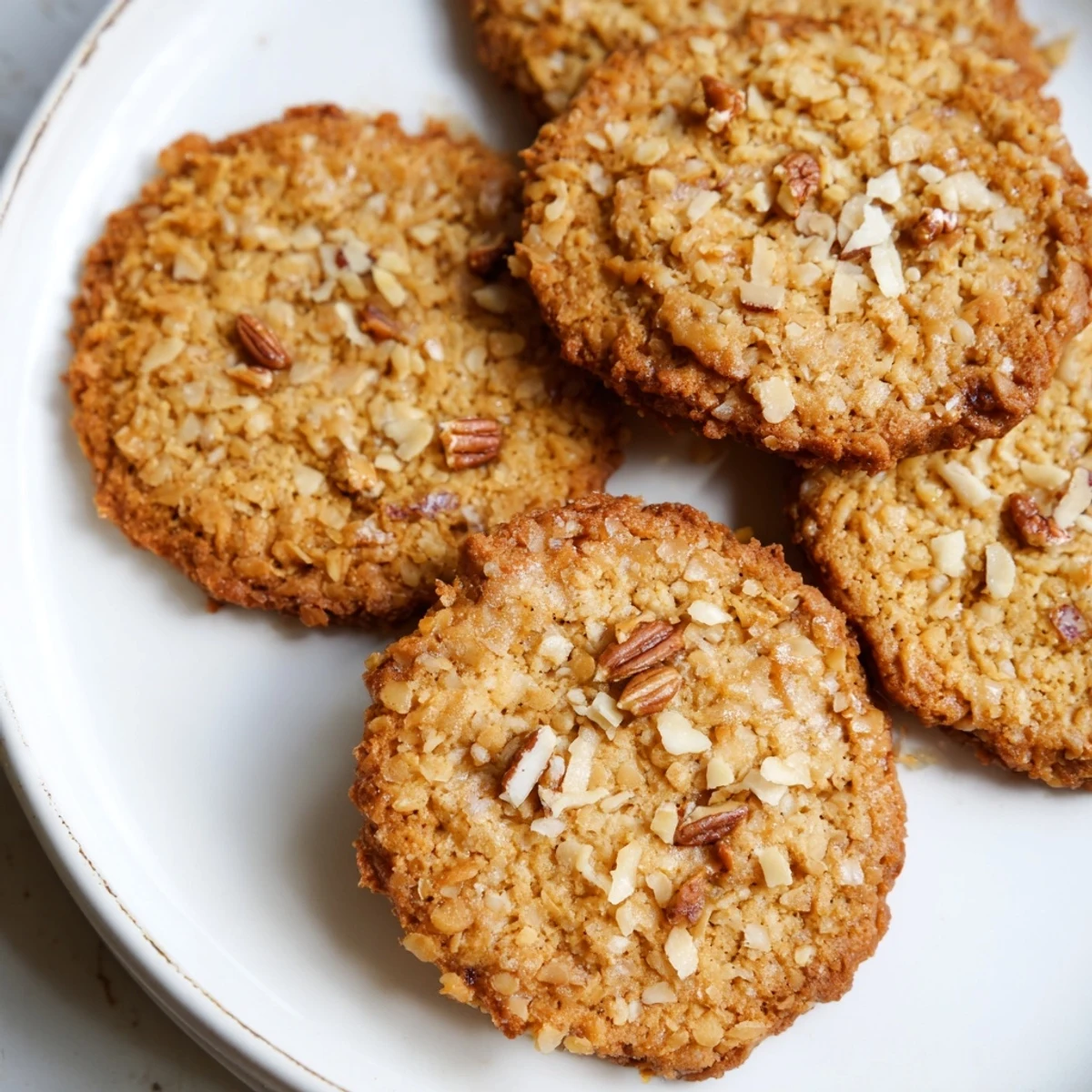 Homemade low carb maple coconut cookies stacked on a white plate with nutty texture