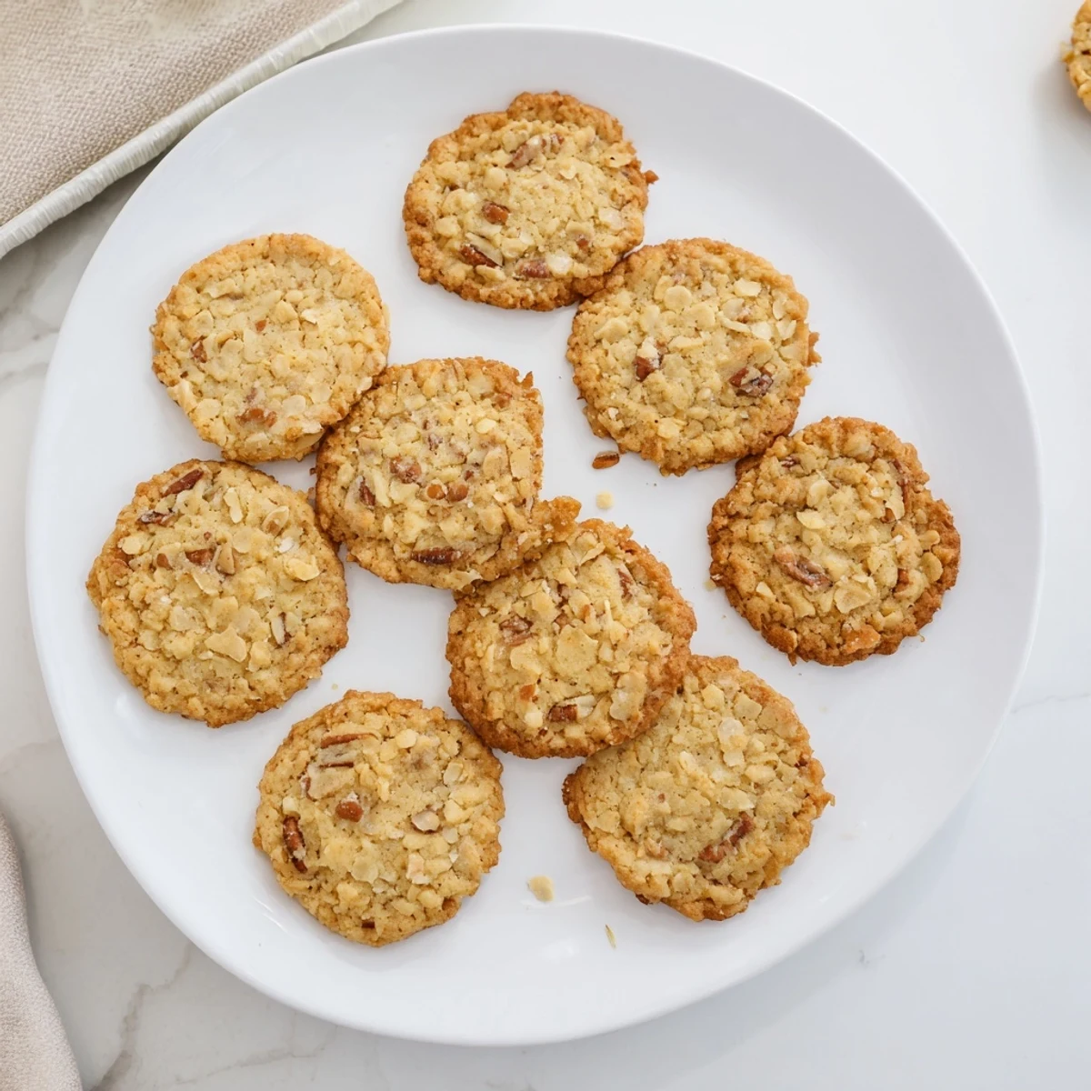 Golden brown keto maple coconut crunch cookies with toasted edges on a cooling rack
