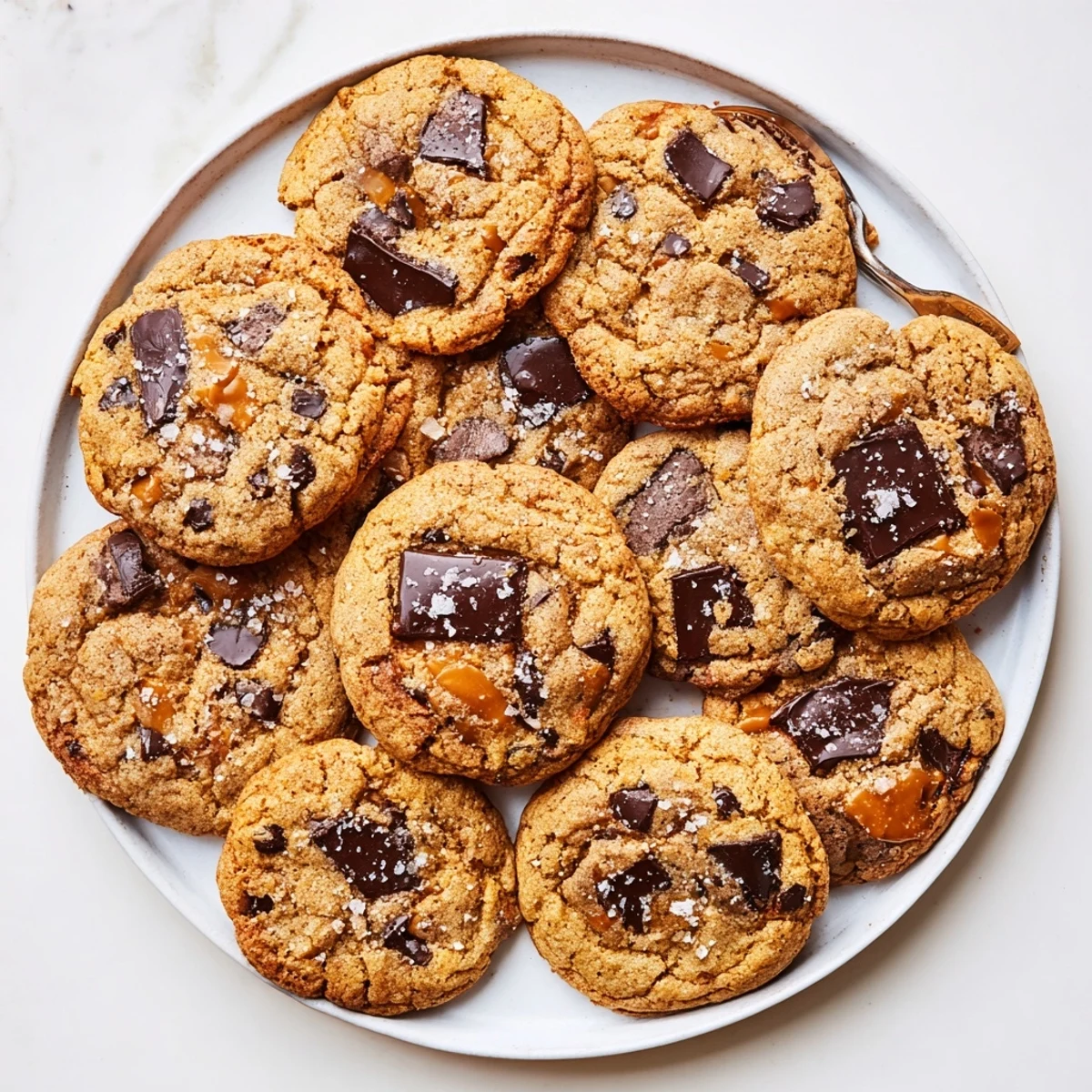 Chewy gourmet cookies featuring nutty brown butter and sweet honey caramel swirls on a wooden board