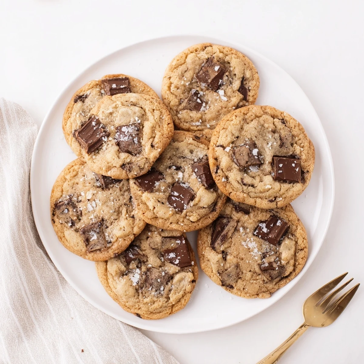 Freshly baked brown butter salted caramel honey chocolate chip cookies sprinkled with flaky sea salt on a cooling rack