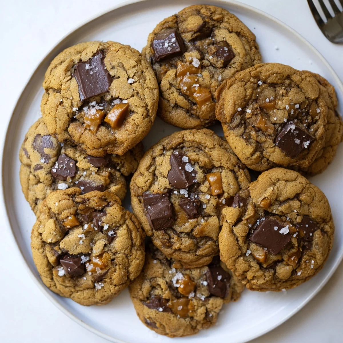 Golden brown cookies with gooey caramel pockets and melted chocolate chips, fresh from the oven