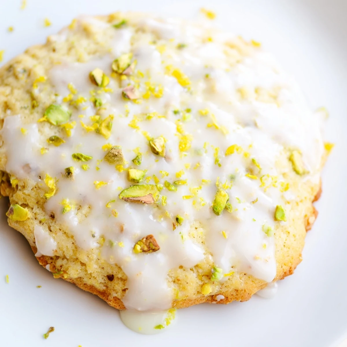 Golden gluten-free lemon pistachio drizzle cookies topped with sweet white icing and green nut pieces