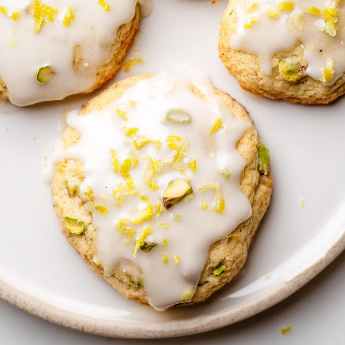 Stack of gluten-free lemon pistachio drizzle cookies garnished with chopped pistachios and fresh lemon zest