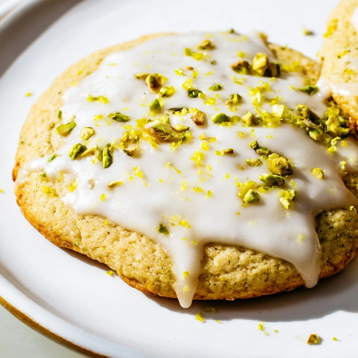 Buttery gluten-free lemon pistachio drizzle cookies on a wire rack with glossy lemon glaze