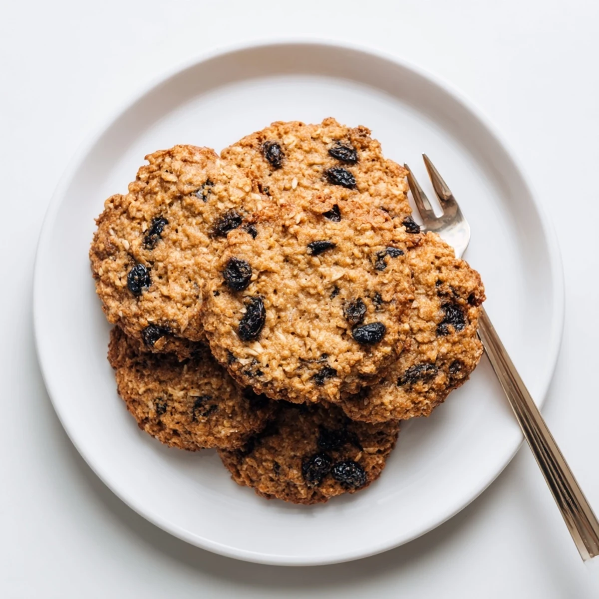 Chewy dairy-free oatmeal raisin cookies studded with blueberries and shredded coconut on a white plate