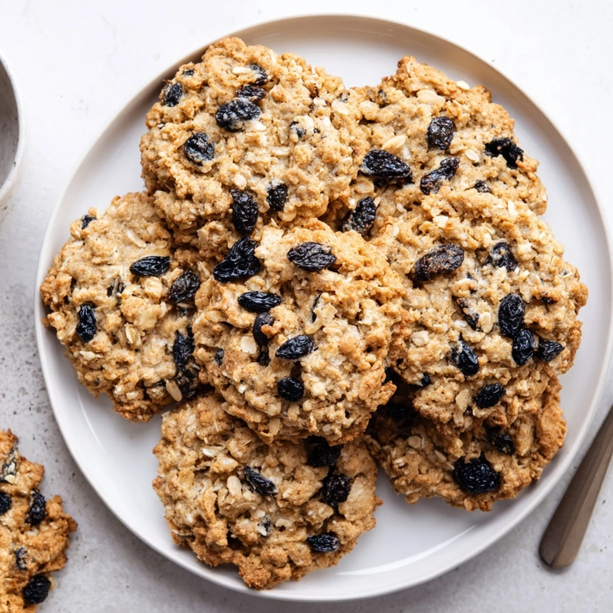 Soft batch of vegan blueberry coconut cream oatmeal raisin cookies with golden edges and visible fruit pieces