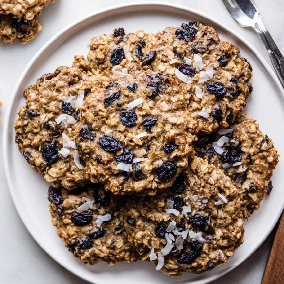 Freshly baked vegan oatmeal cookies featuring plump raisins and blueberries with coconut cream richness