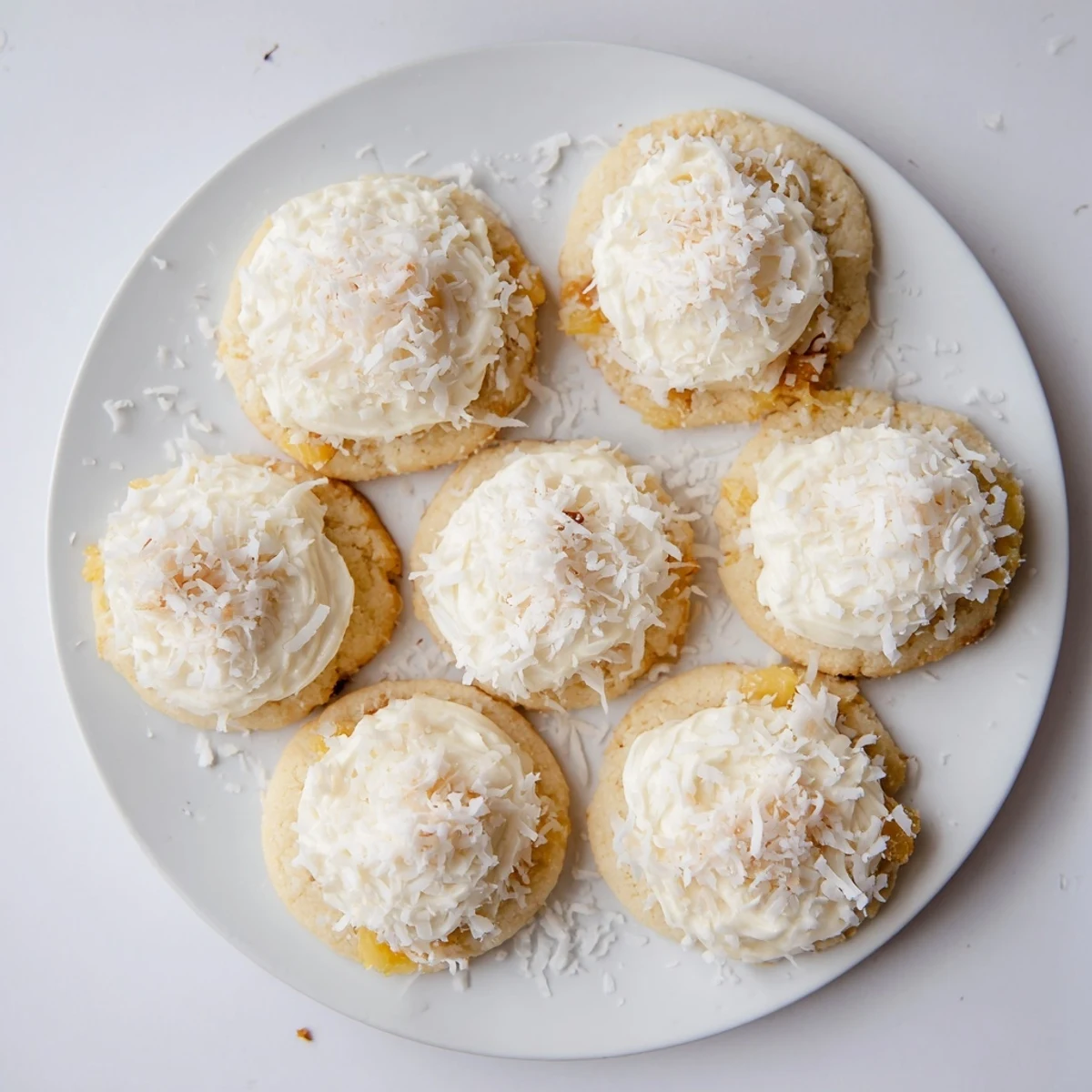 Soft baked sugar cookies infused with tropical pineapple and coconut flavors spread with sweet cream frosting