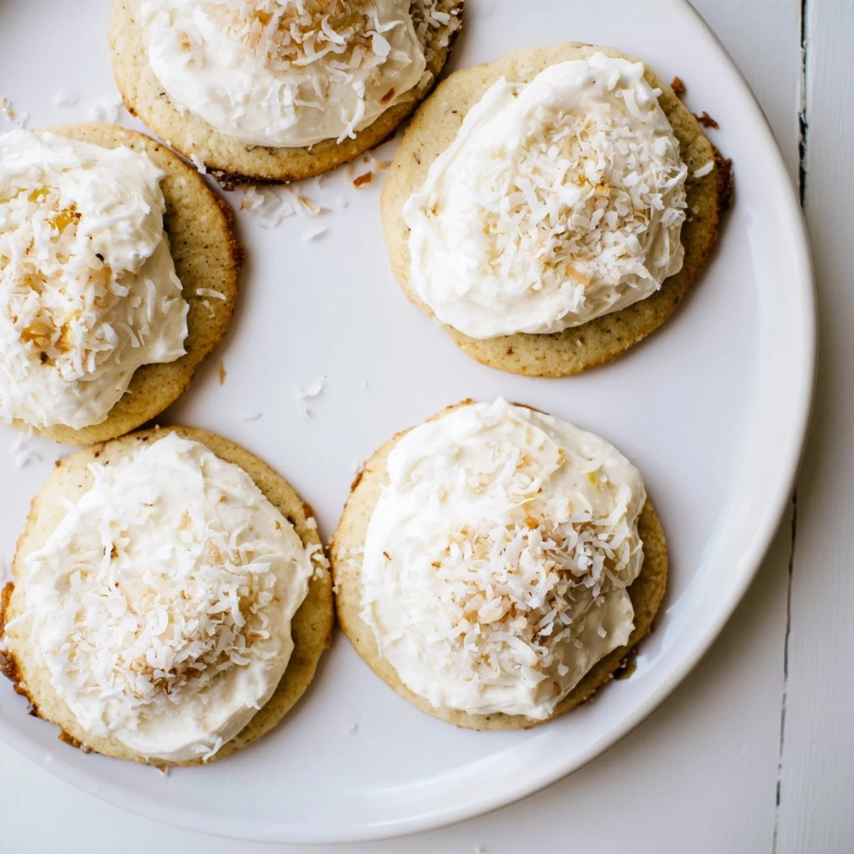Chewy dairy-free pineapple coconut cookies garnished with whipped coconut cream frosting on a white plate