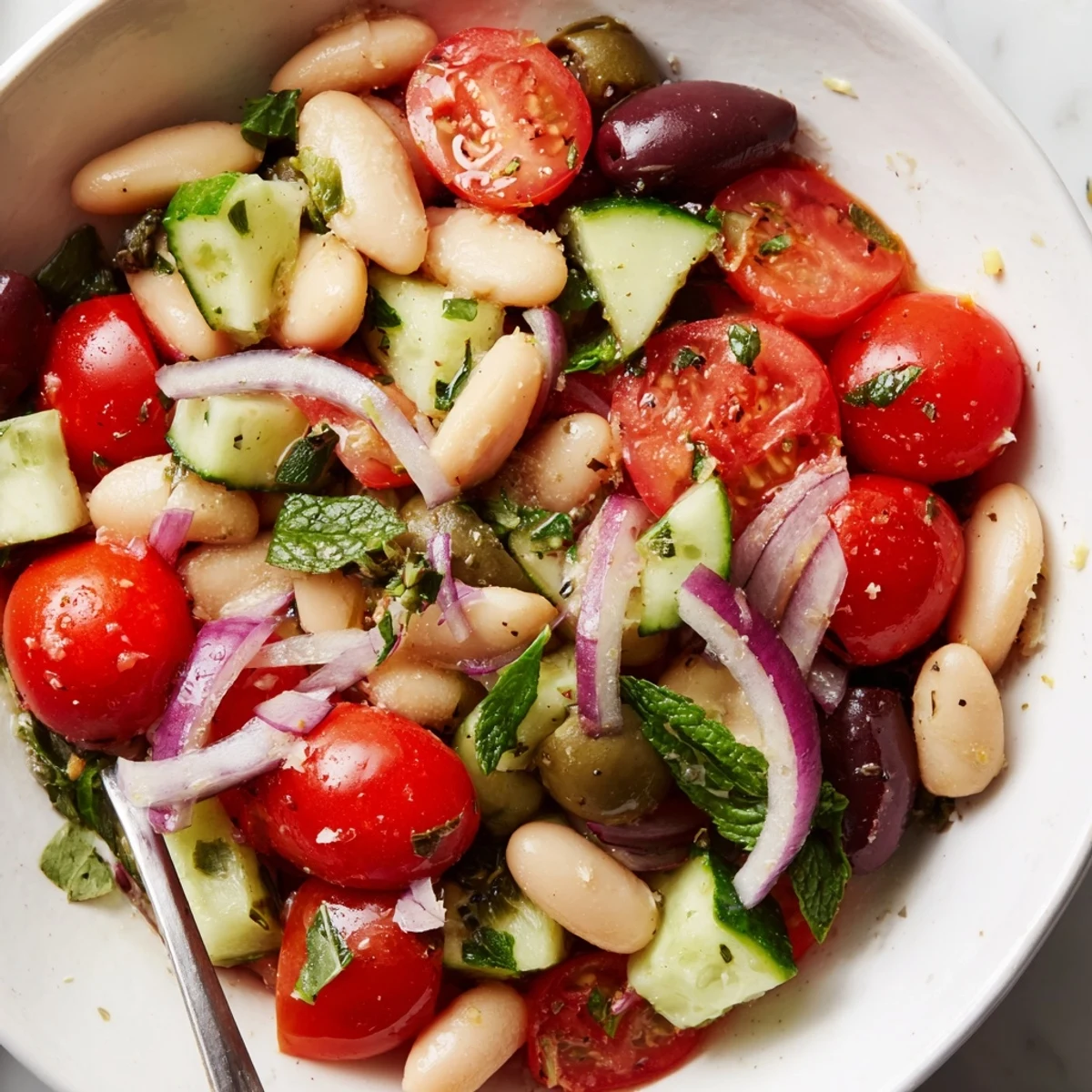 Mediterranean White Bean and Tomato Basil Cucumber Salad with zesty lemon vinaigrette
