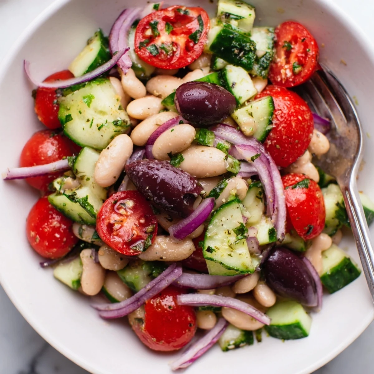 Bright summer lunch: Mediterranean White Bean and Tomato Basil Cucumber Salad, with crusty bread