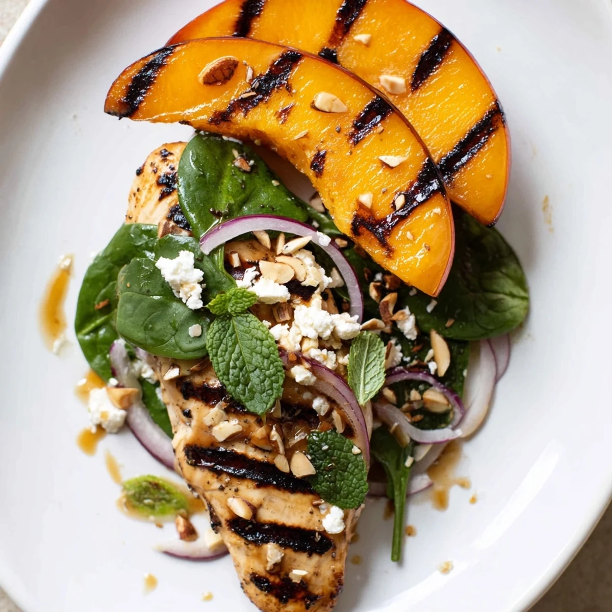 Serve Grilled Apricot and Spinach Chicken Salad with Mint Basil chilled, topped with almonds