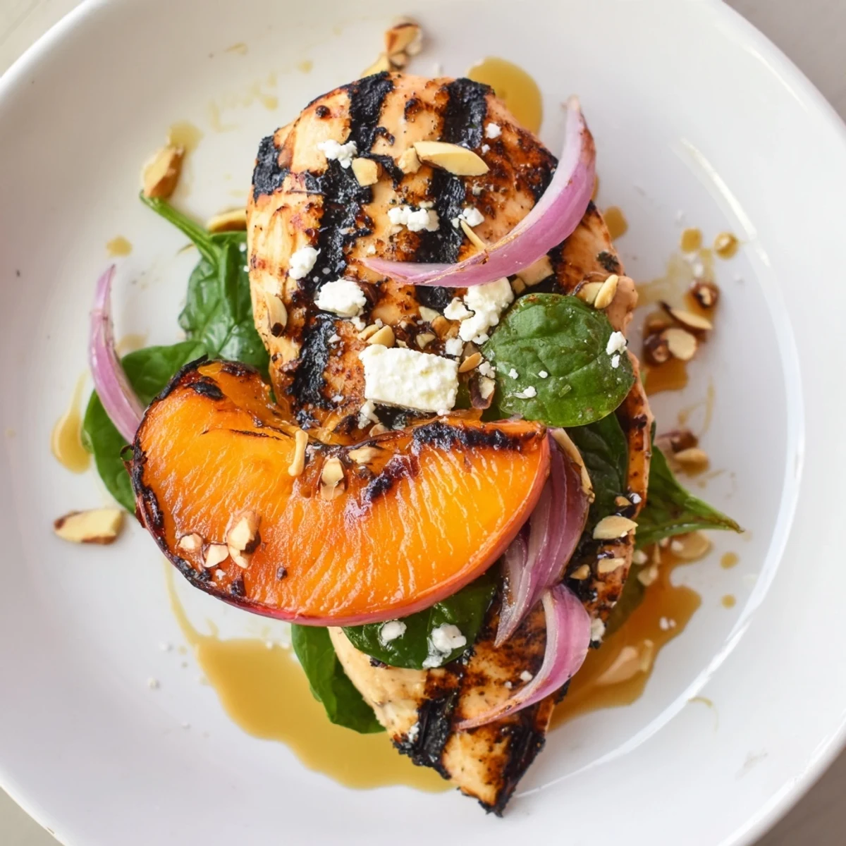 Grilled Apricot and Spinach Chicken Salad with Mint Basil, caramelized apricots and sliced chicken