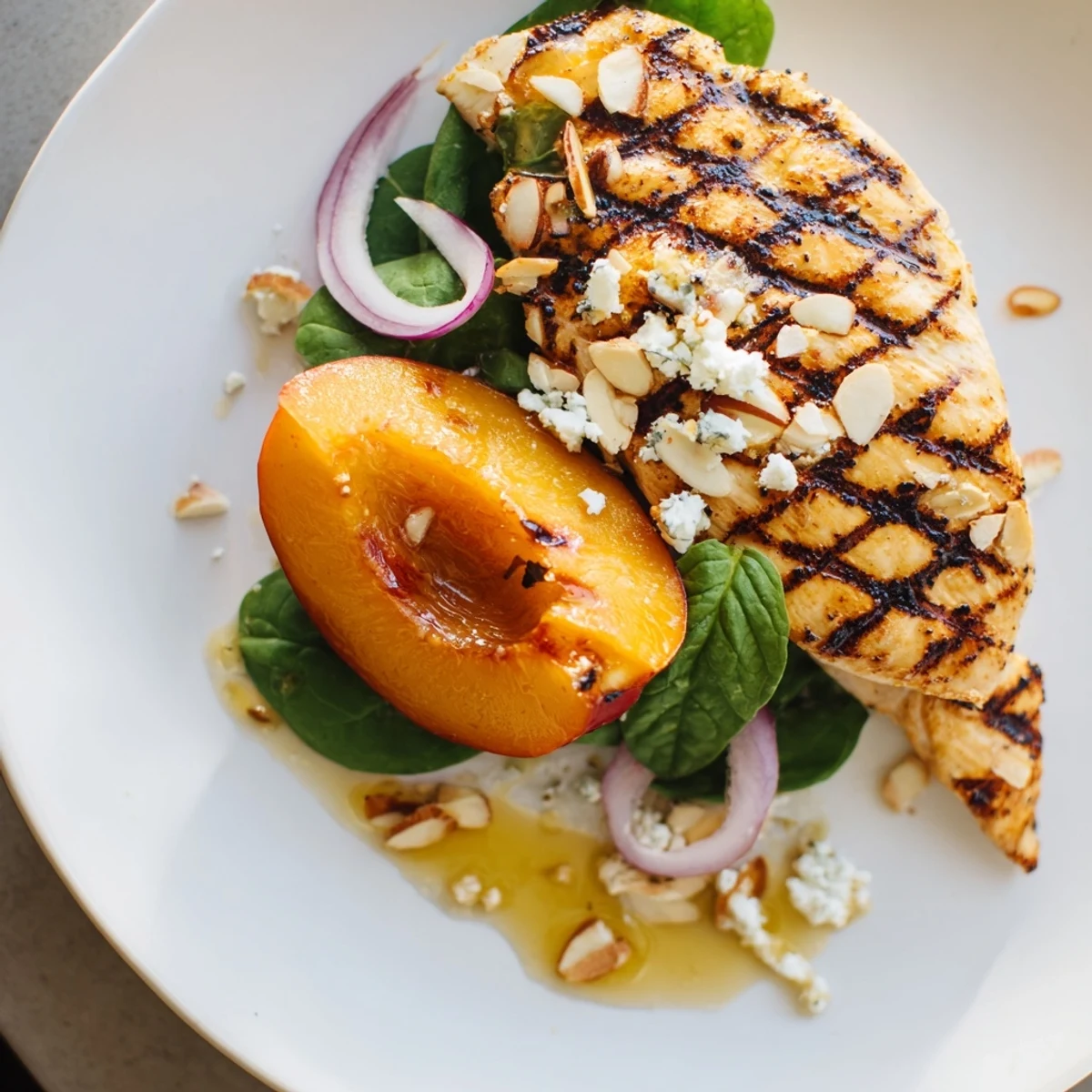 Bright summer flavors in Grilled Apricot and Spinach Chicken Salad with Mint Basil
