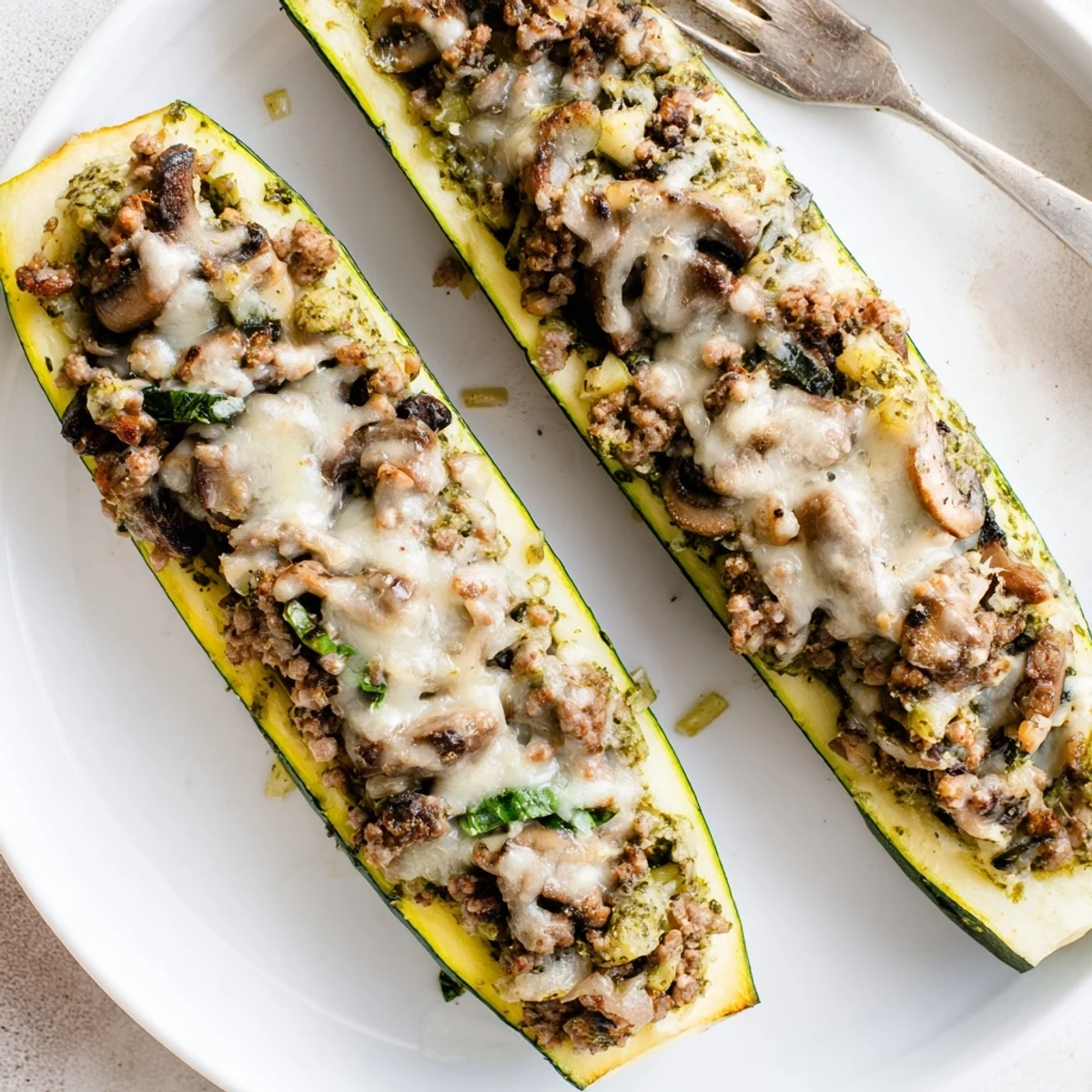Pesto Turkey and Mushroom Zucchini Boats with Basil baked until golden and bubbling