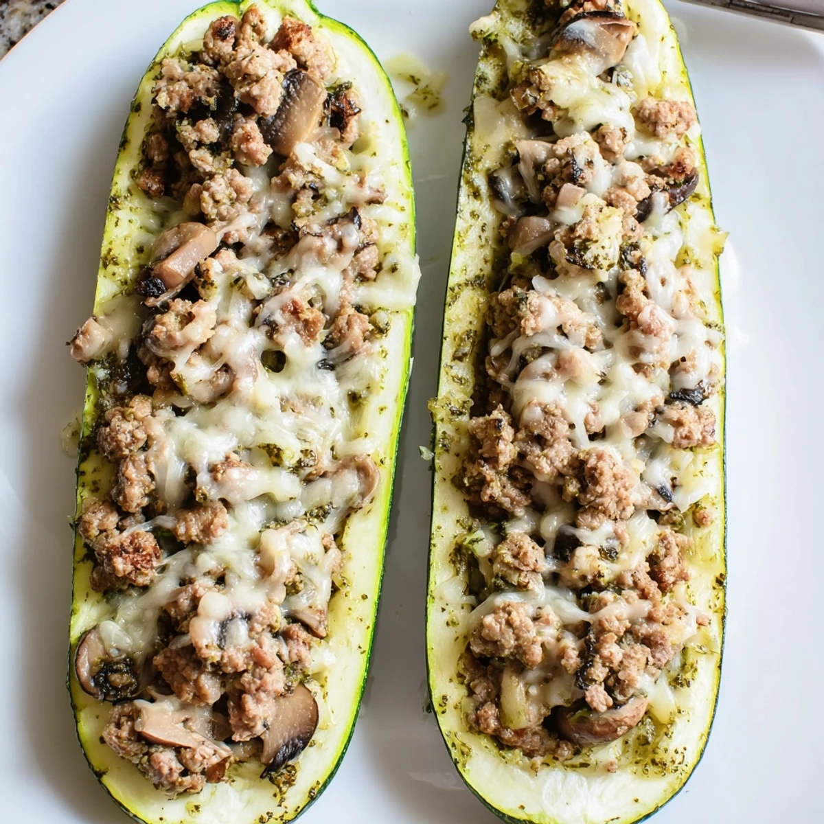 Herbed, savory skillet filling in Pesto Turkey and Mushroom Zucchini Boats with Basil
