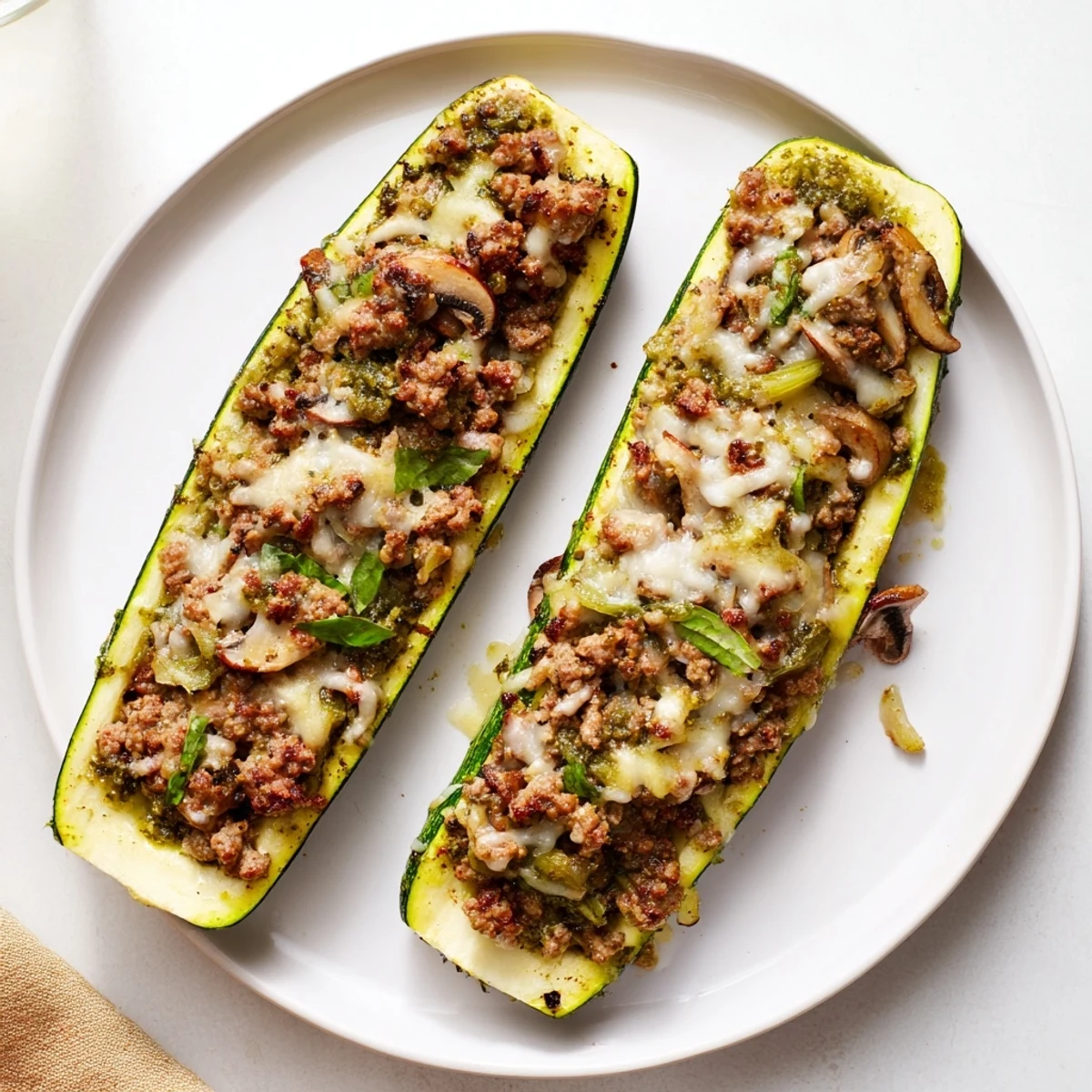 Pesto Turkey and Mushroom Zucchini Boats with Basil served with crisp green salad