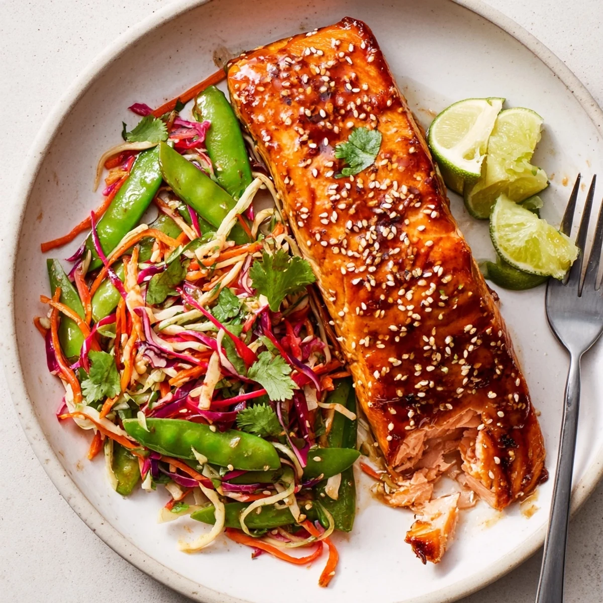 Miso Ginger Salmon With Sesame Snap Pea Slaw glistening with miso glaze, lime wedge