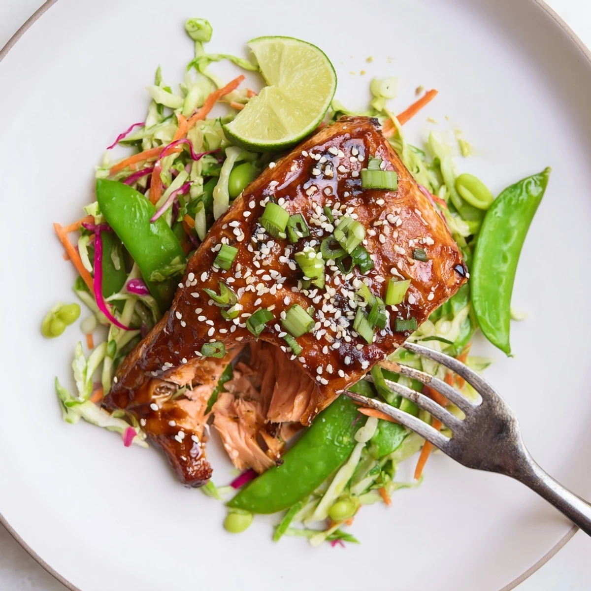 On rice, Miso Ginger Salmon With Sesame Snap Pea Slaw topped with cilantro