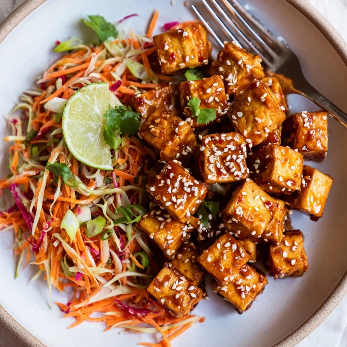 Bright lime wedge and cilantro top Crispy Chili Garlic Tofu With Sesame Carrot Crunch