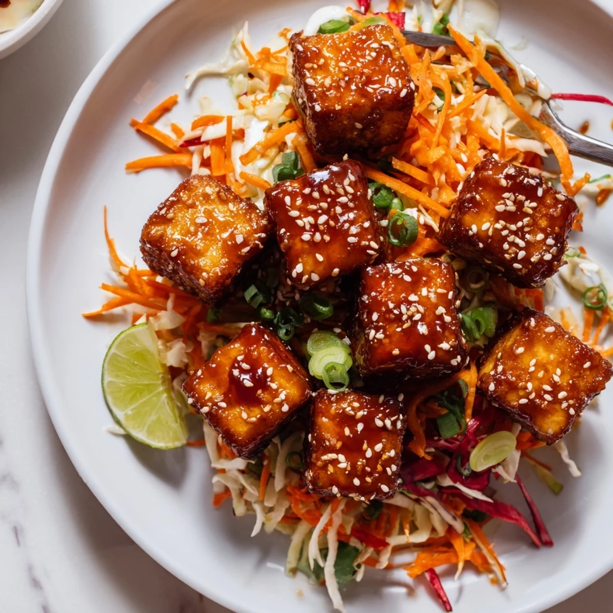 Crispy Chili Garlic Tofu With Sesame Carrot Crunch with glossy chili glaze