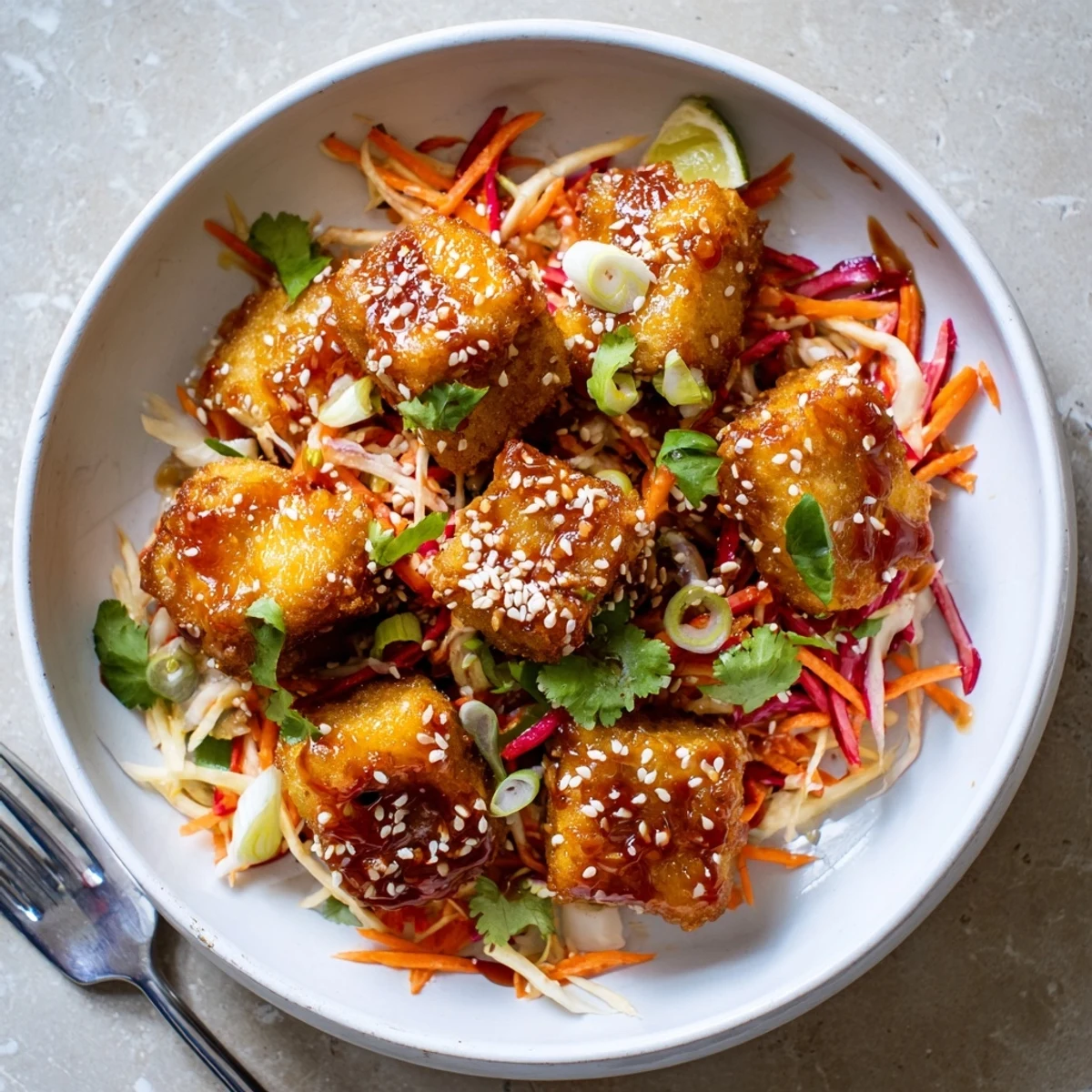 Sesame carrot slaw beside pan-seared cubes, Crispy Chili Garlic Tofu With Sesame Carrot Crunch
