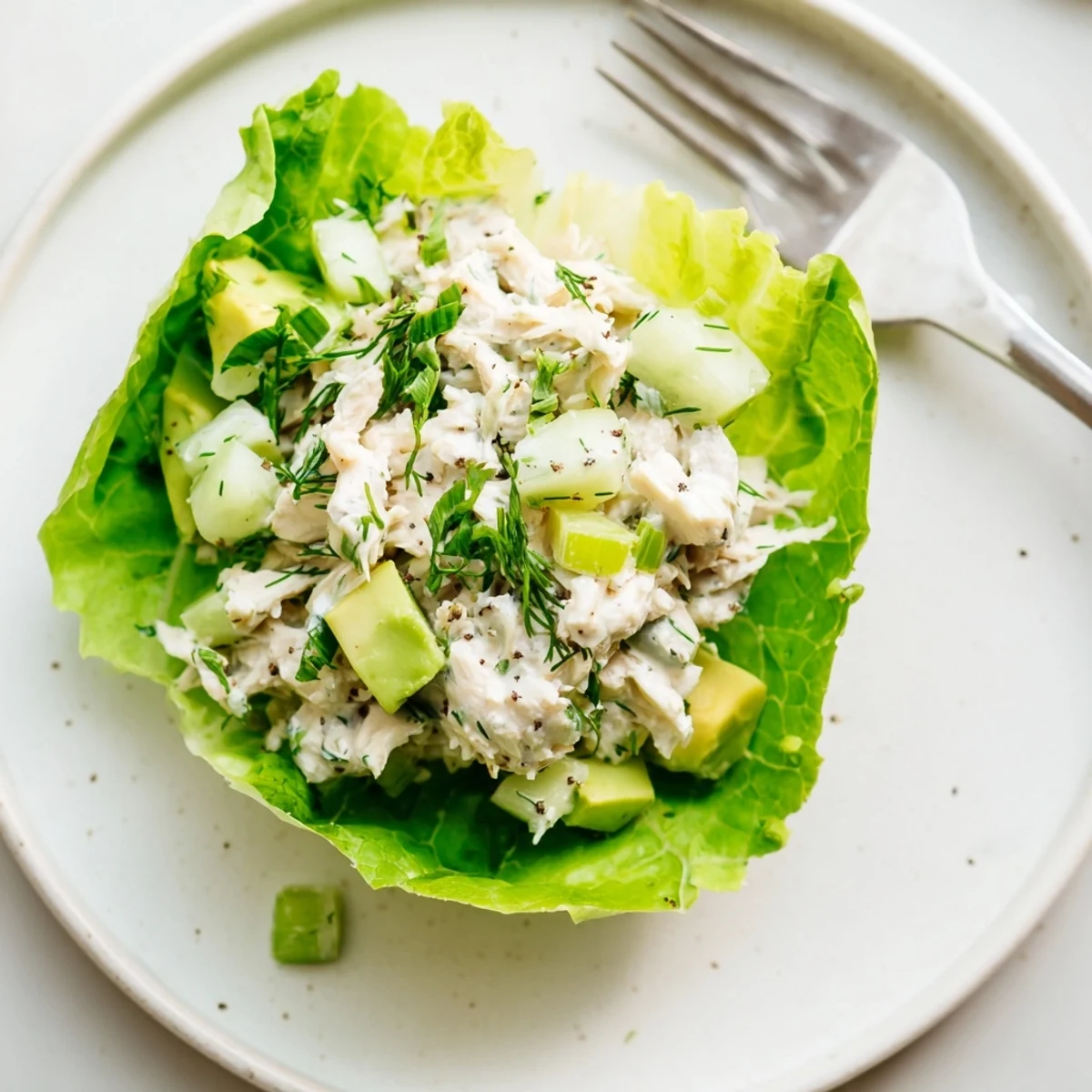 Cottage Cheese Avocado Herb Chicken Salad Cups nestled in crisp butter lettuce  