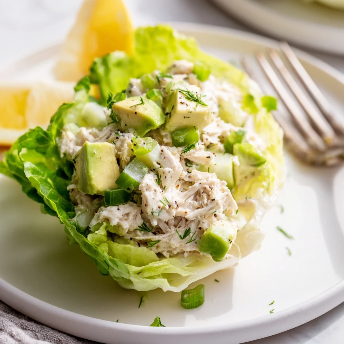Creamy Cottage Cheese Avocado Herb Chicken Salad Cups with lemony herbs, pepper  