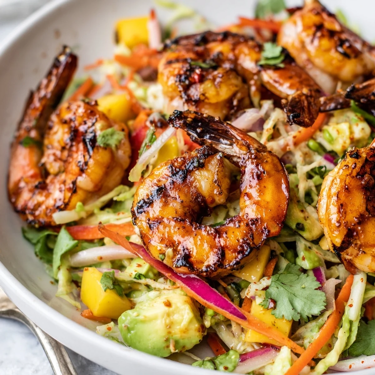 Spicy Mango Shrimp With Lime Avocado Crunch Slaw on colorful summer plate.