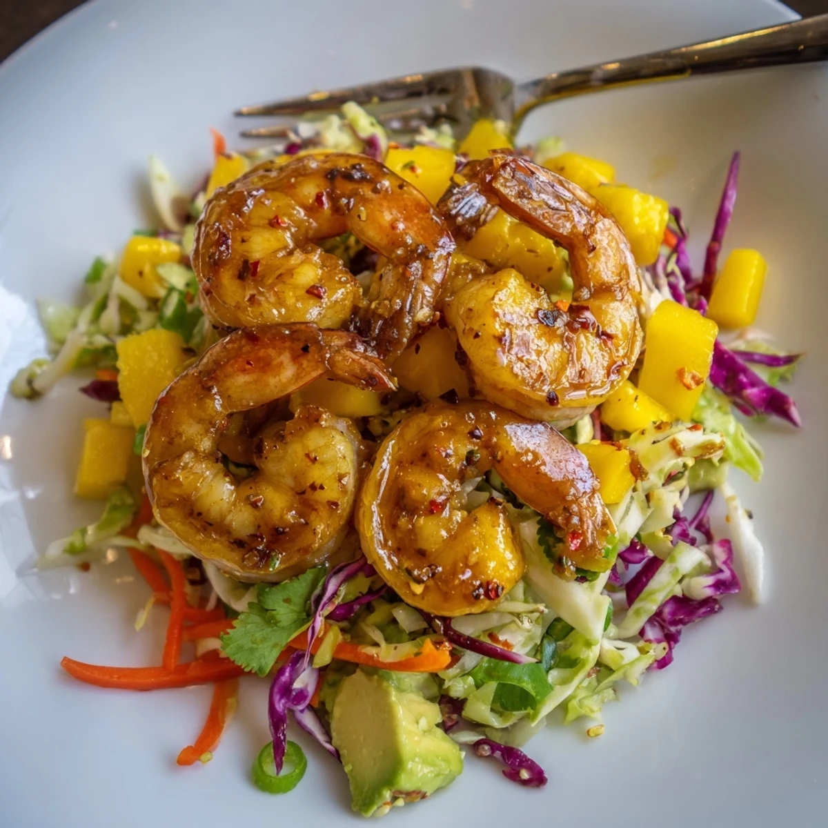 Grilled Spicy Mango Shrimp With Lime Avocado Crunch Slaw, juicy and vibrant.