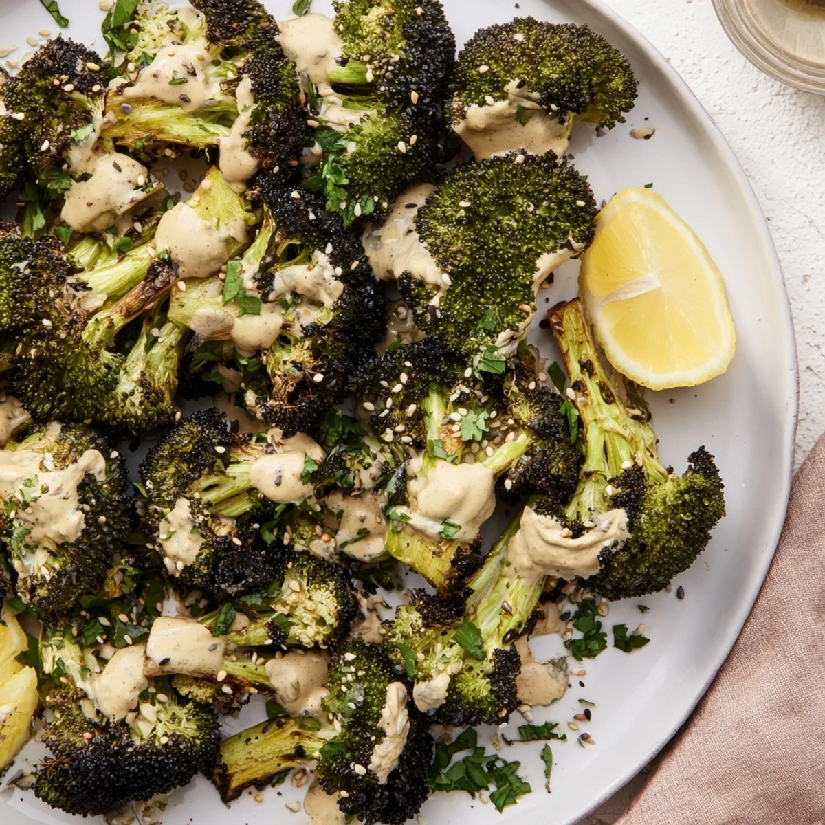 Roasted Broccoli With Lemon Herb Tahini Sauce warm, tender florets ready for serving.