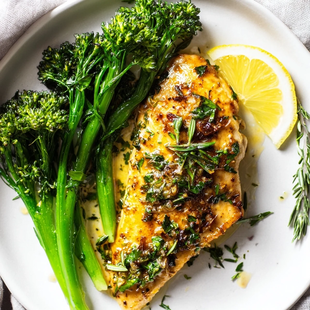 Warm herb scented plate shows Garlic Herb Chicken With Roasted Broccolini And Lemon