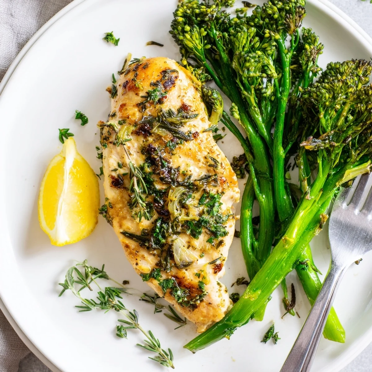 Garlic Herb Chicken With Roasted Broccolini And Lemon, golden browned chicken, bright lemon wedges