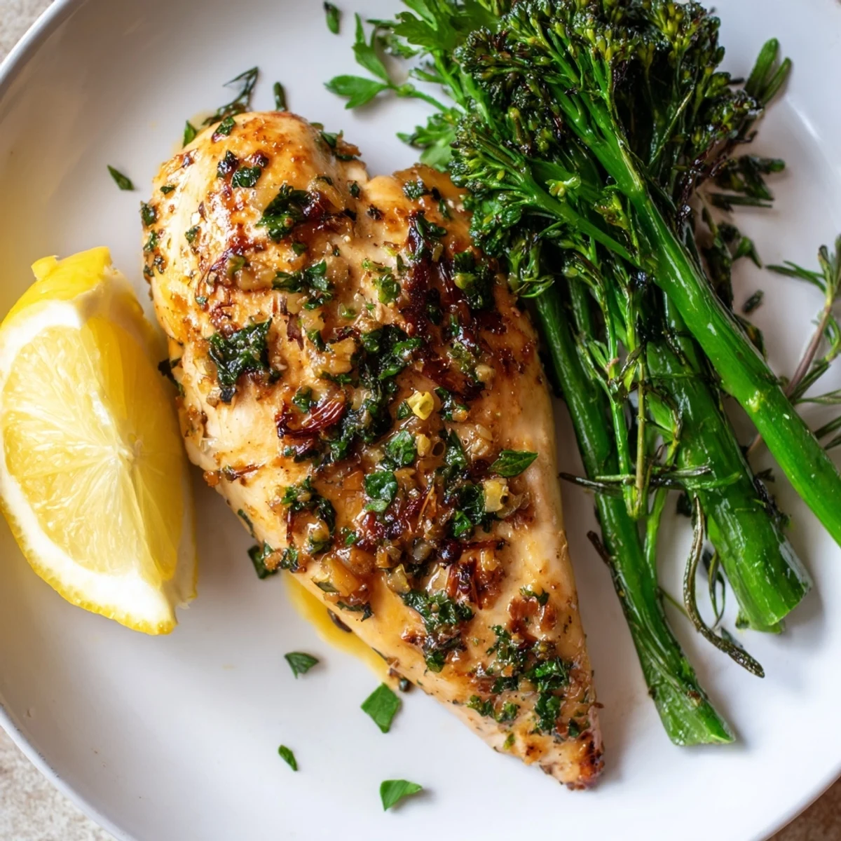 Juicy roasted breasts with charred broccolini, Garlic Herb Chicken With Roasted Broccolini And Lemon