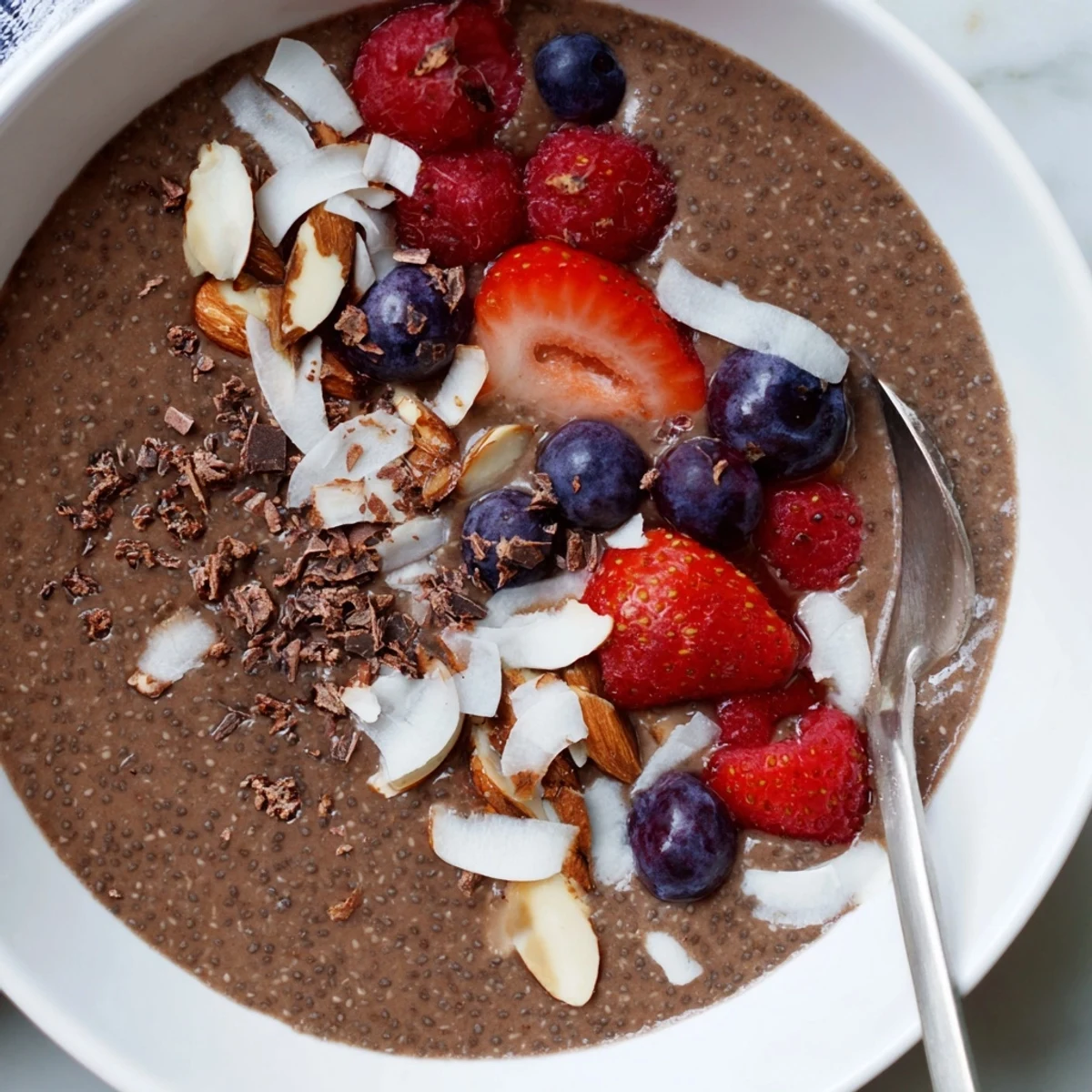 Chocolate Coconut Almond Berry Protein Chia Cream layered in glass jar, chilled