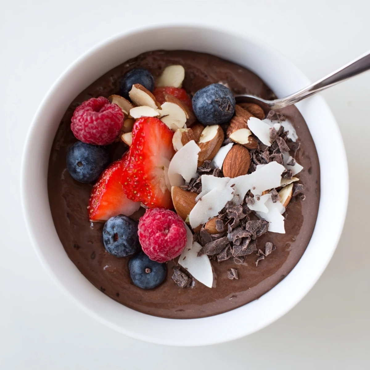 Creamy Chocolate Coconut Almond Berry Protein Chia Cream topped with toasted almonds