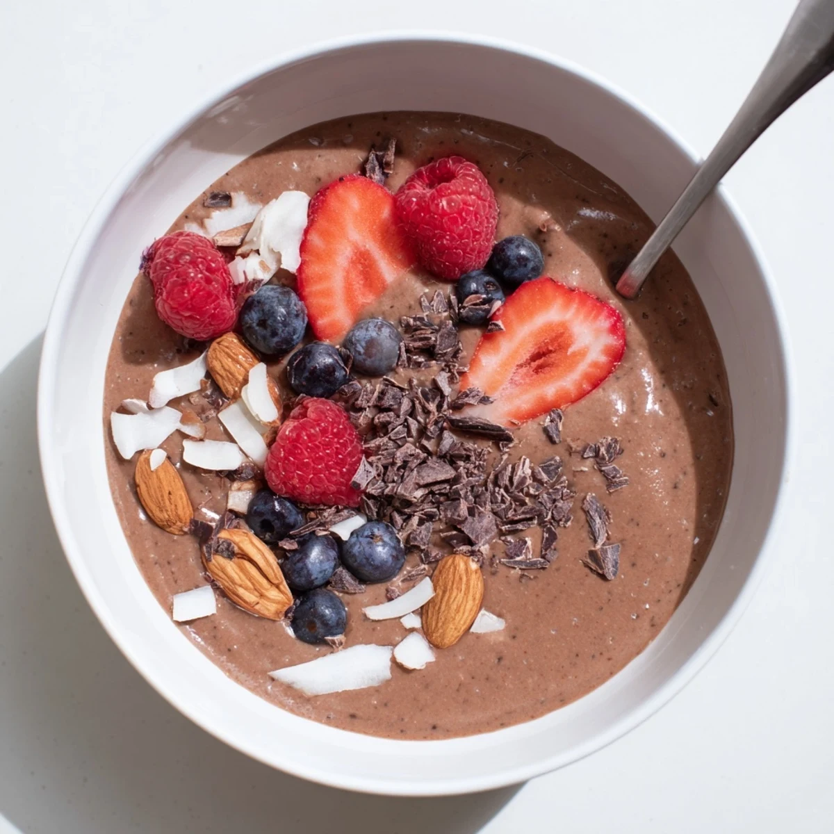 Breakfast parfait of Chocolate Coconut Almond Berry Protein Chia Cream with fresh berries