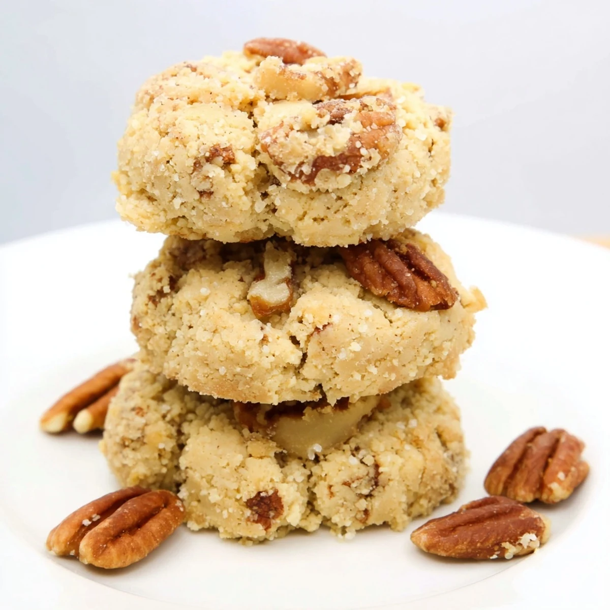 Fresh baked Keto Maple Pecan Butter Crunch Cookies beside coffee, crisp texture, maple scent