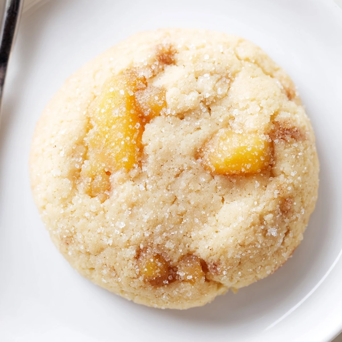 Vegan Vanilla Peach Sugar Cookies cooling on a rack, golden edges, juicy peach