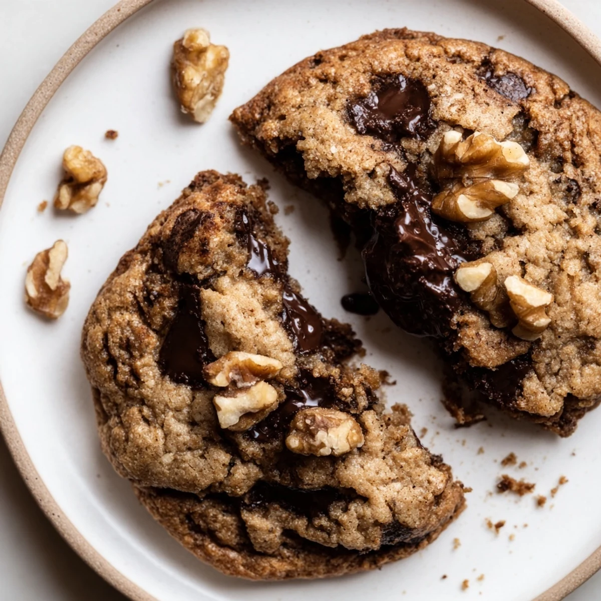 Parchment-lined tray full of Gluten-Free Dark Chocolate Walnut Crisp Cookies, glossy chips