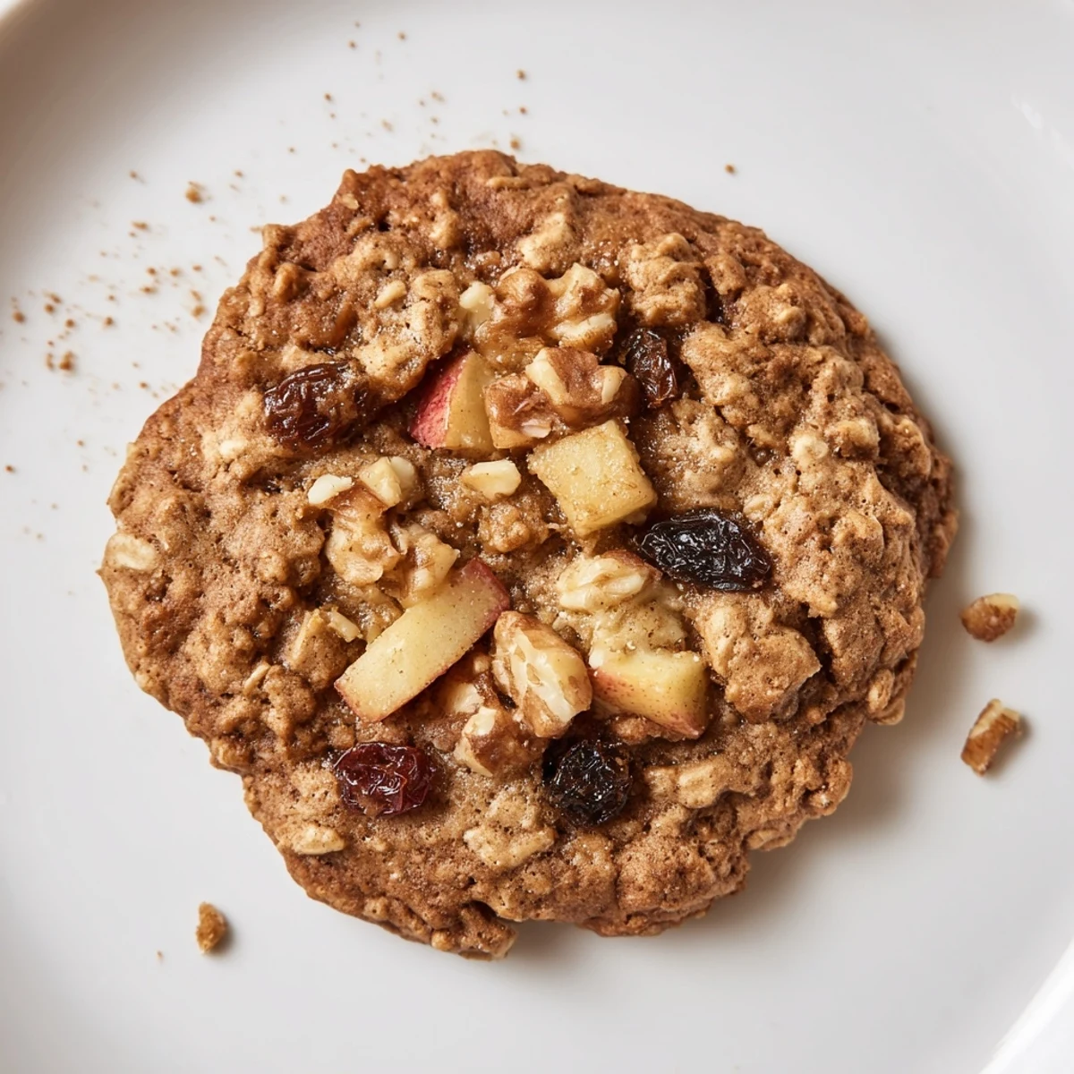 Stack of Apple Cinnamon Maple Oatmeal Raisin Cookies beside coffee, apple pieces visible