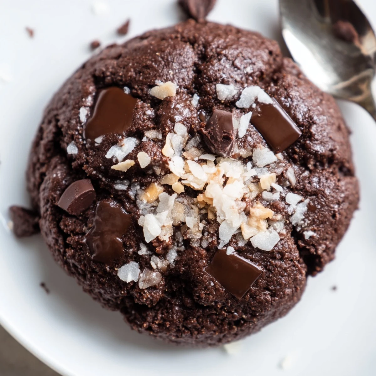 Warm Gluten-Free Espresso Chocolate Coconut Butter Cookies, chewy centers with toasted coconut