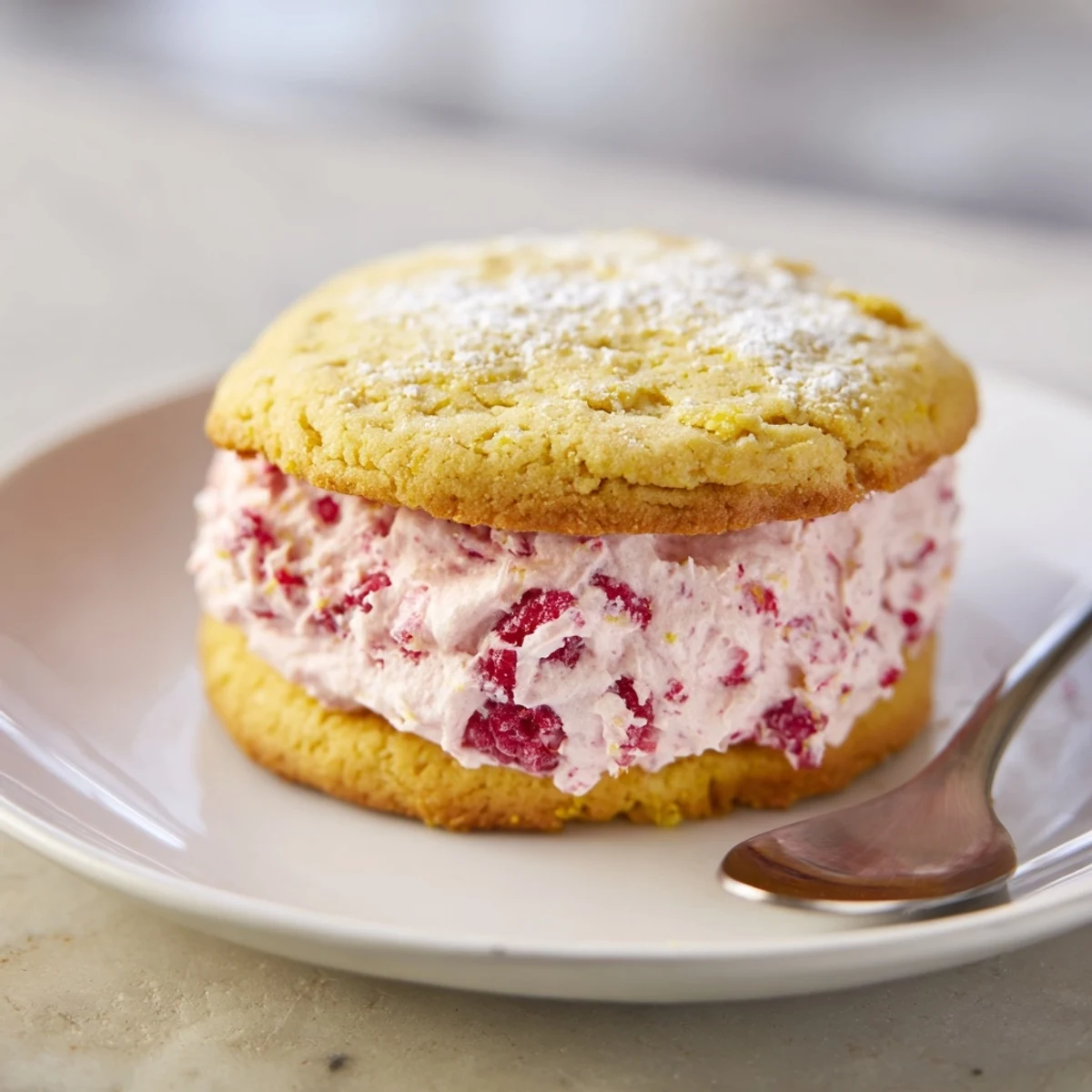 Stack of Vegan Pineapple Raspberry Cream Sugar Cookies dusted with powdered sugar